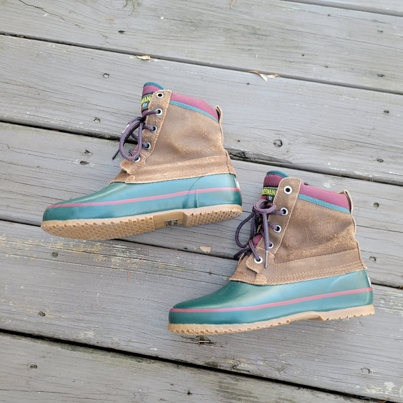 Vintage‎ 90s y2k Woodsman Brown Roughout Suede Leather Green Rubber Duck Boots 7 - Picture 2 of 9